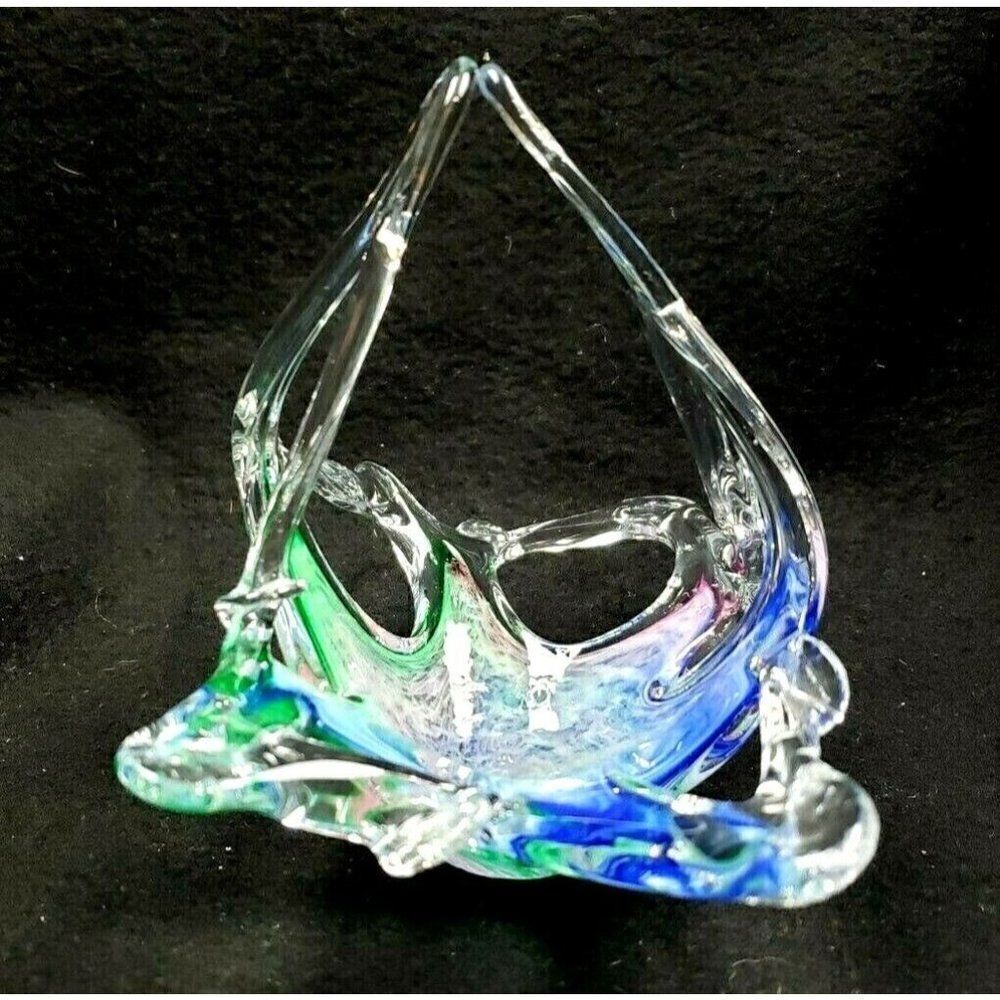 STUNNING! Vintage Art Glass Basket Candy Dish Blue Pink Green Swirl Colorful